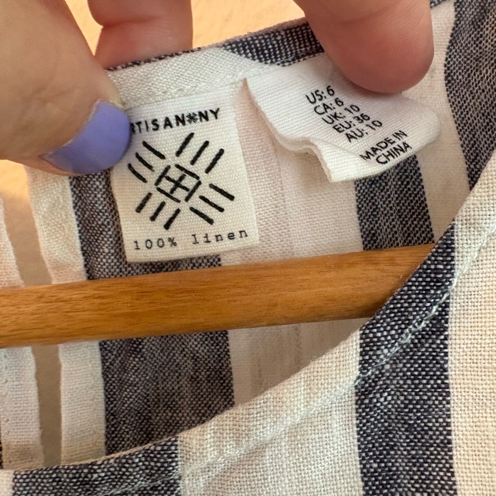 100% Linen Artisan Ny Blue and White Striped Sleeveless Casual Shift Midi Dress - Picture 2 of 3